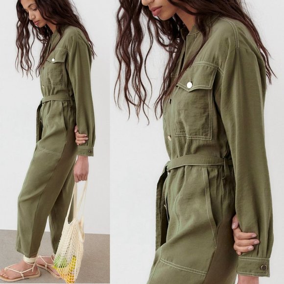 NEW Zara Olive Green Modal Long Sleeves Contrasting Topstitch Belted Jumpsuit S - Picture 4 of 9
